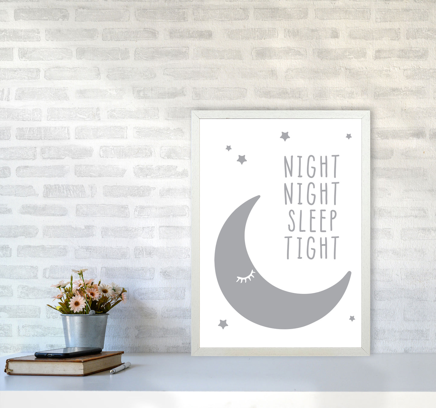 Night Night Moon Grey Framed Nursey Wall Art Print A2 Oak Frame