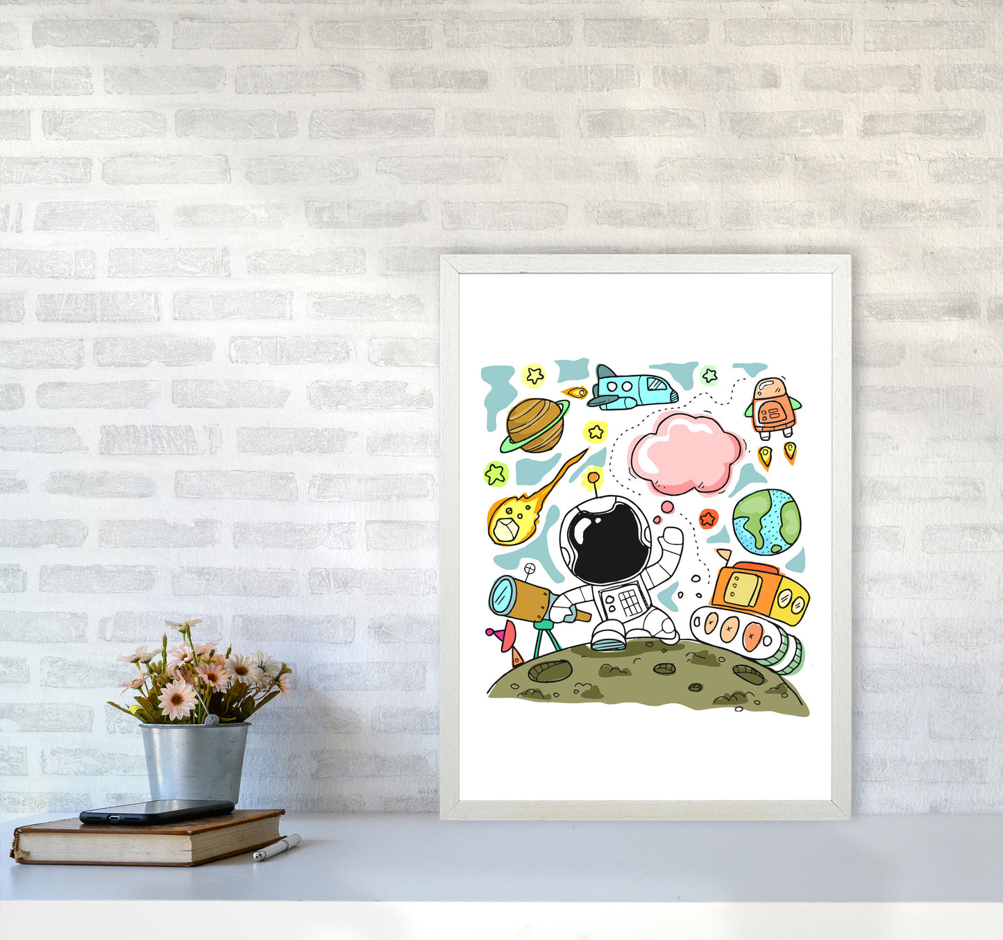 Space Illustration Framed Nursey Wall Art Print A2 Oak Frame