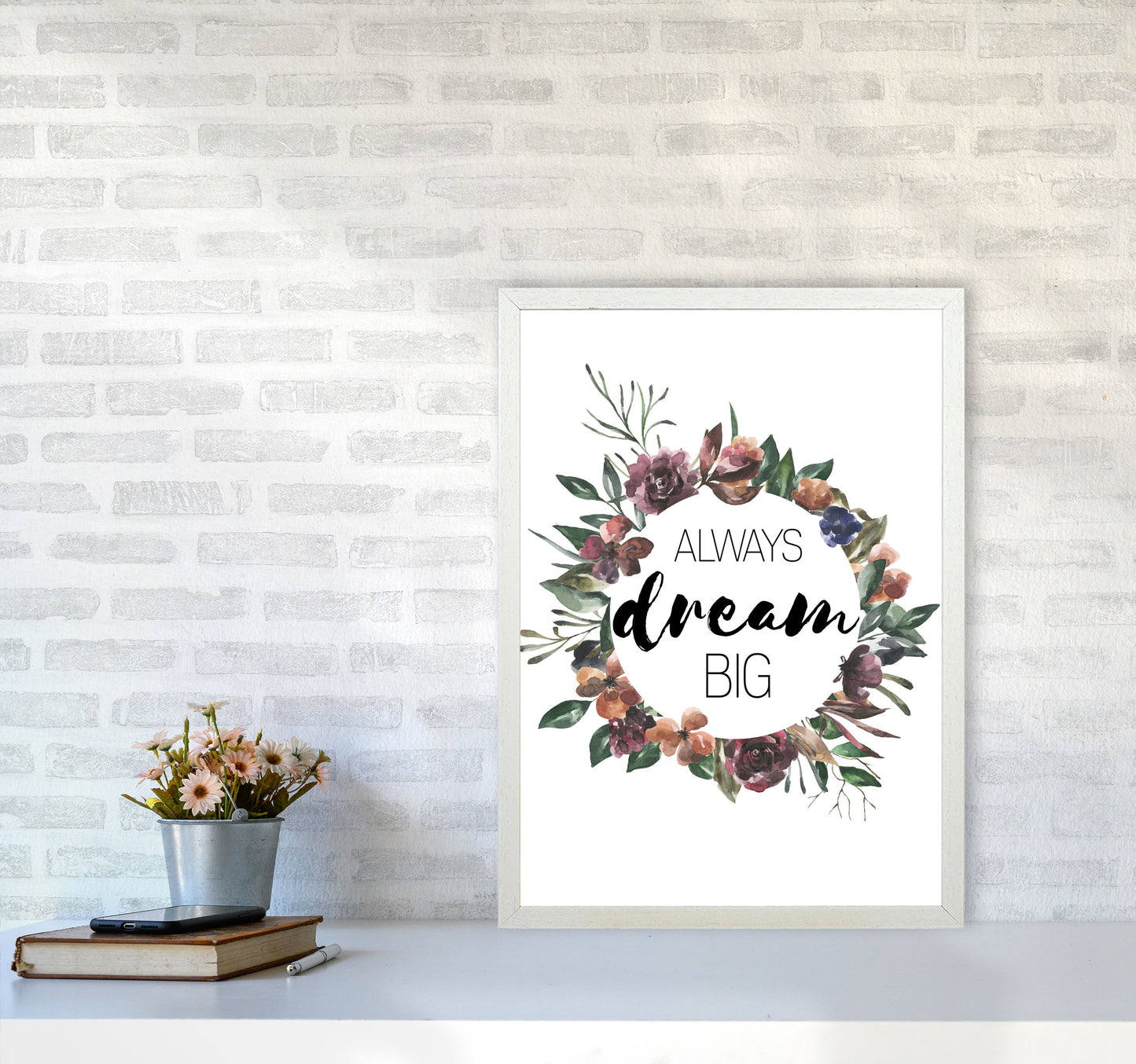 Always Dream Big Mixed Floral Framed Typography Wall Art Print A2 Oak Frame