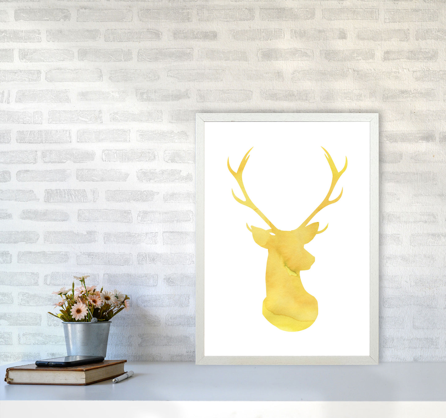 Stags Head Watercolour Modern Print Animal Art Print A2 Oak Frame