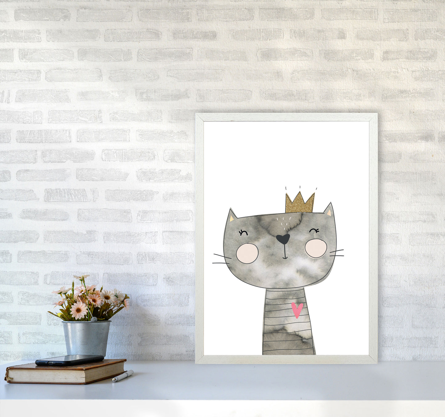 Scandi Grey Cat Watercolour Framed Nursey Wall Art Print A2 Oak Frame