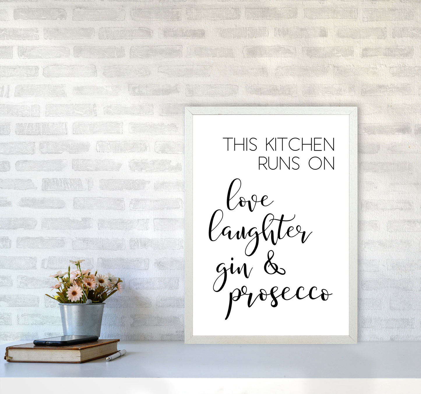 This Kitchen Runs On Love Laughter Gin & Prosecco Print, Framed Kitchen Wall Art A2 Oak Frame