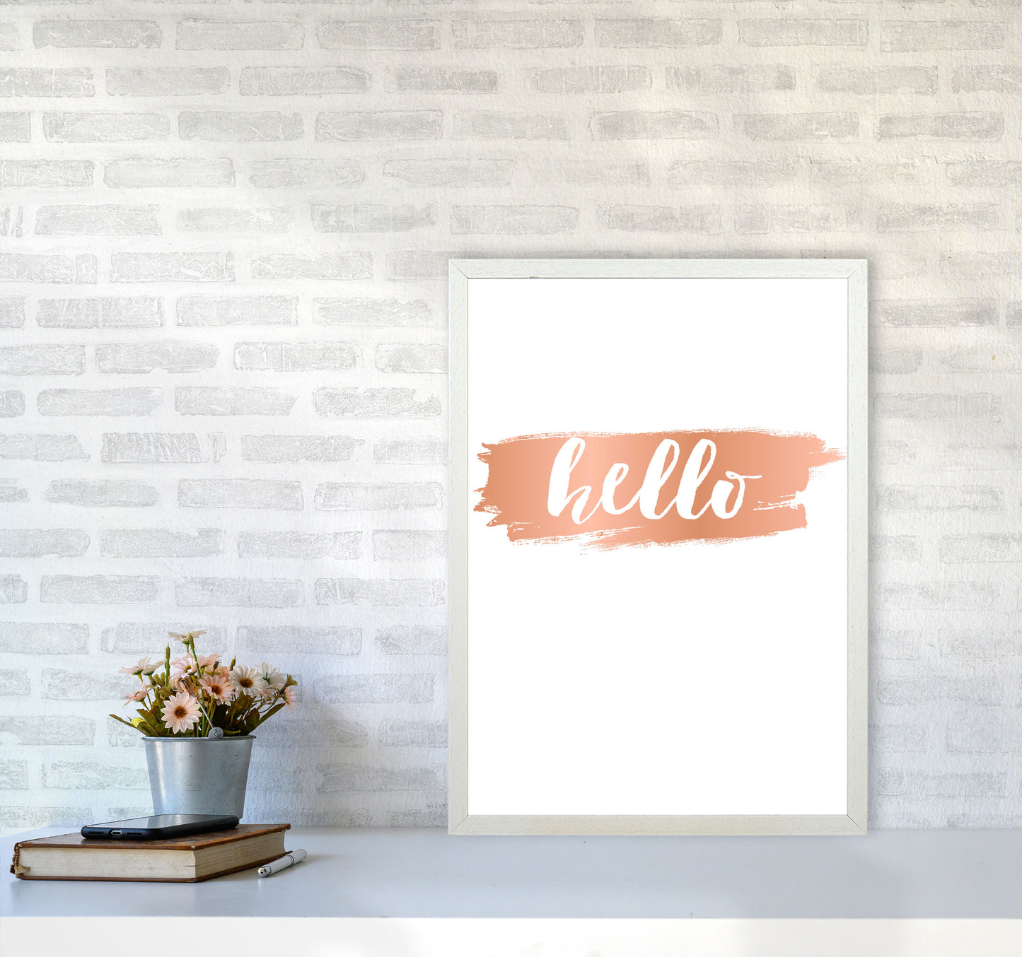 Hello Rose Gold Framed Typography Wall Art Print A2 Oak Frame