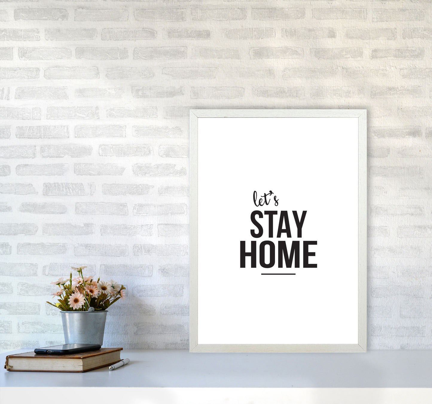 Let's Stay Home Framed Typography Wall Art Print A2 Oak Frame