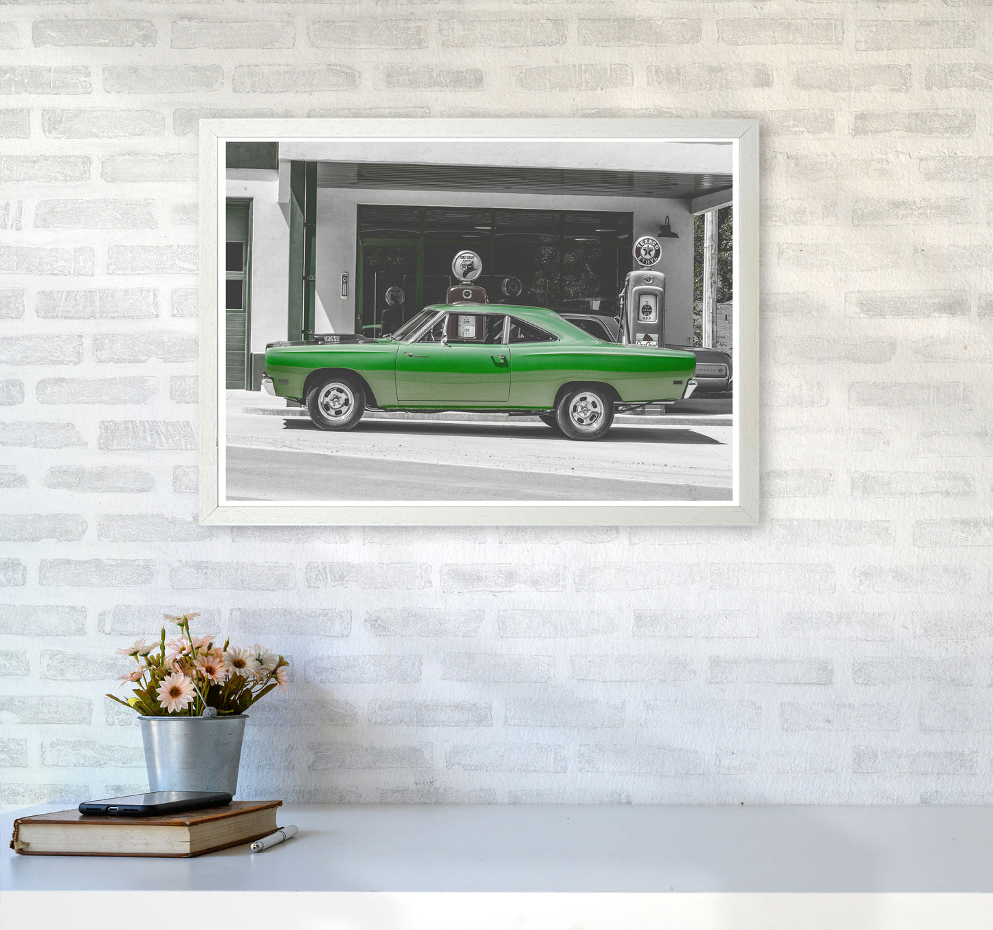 Green Car Modern Print A2 Oak Frame
