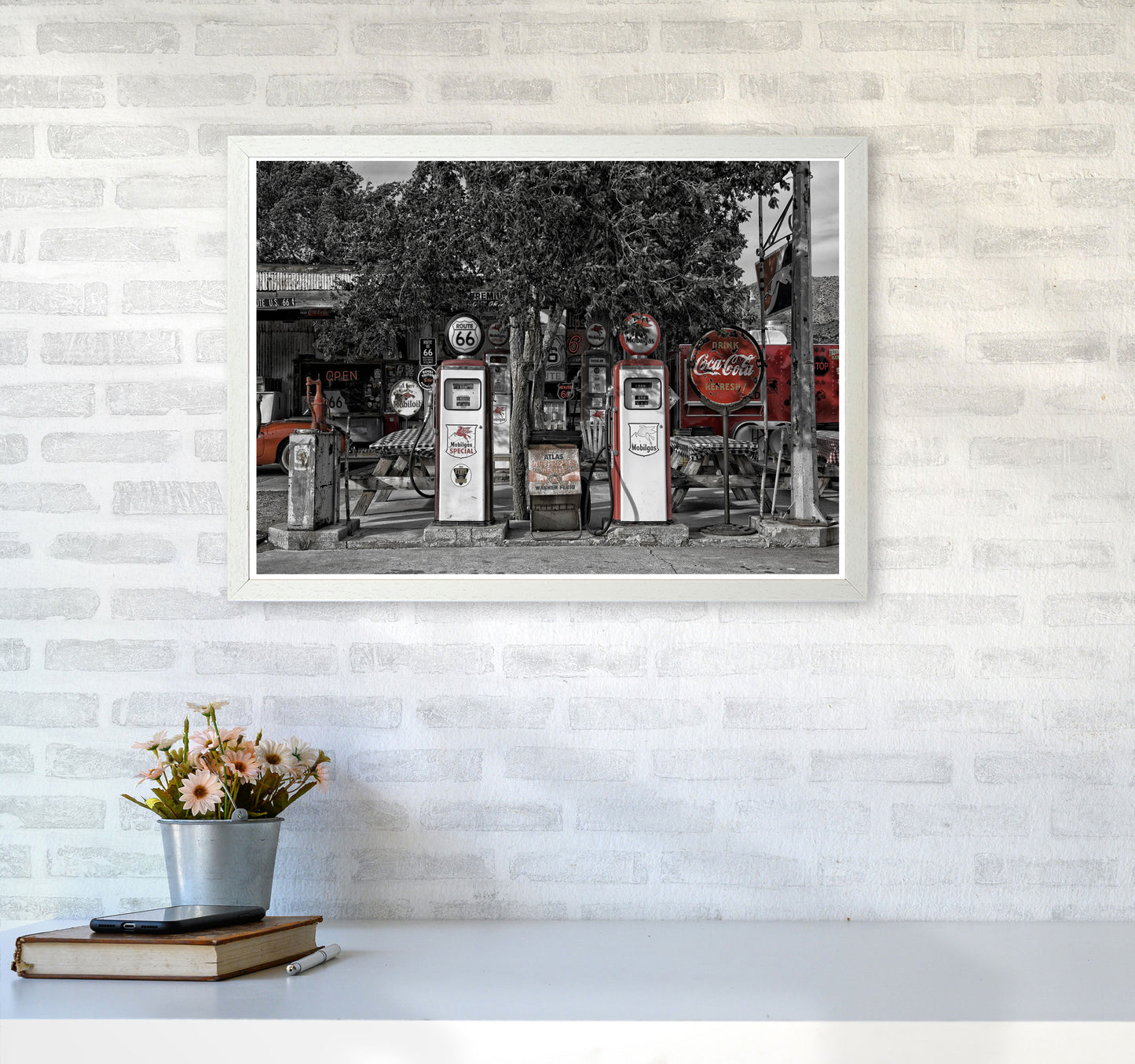 Retro Black And Red Gas Pumps Modern Print A2 Oak Frame