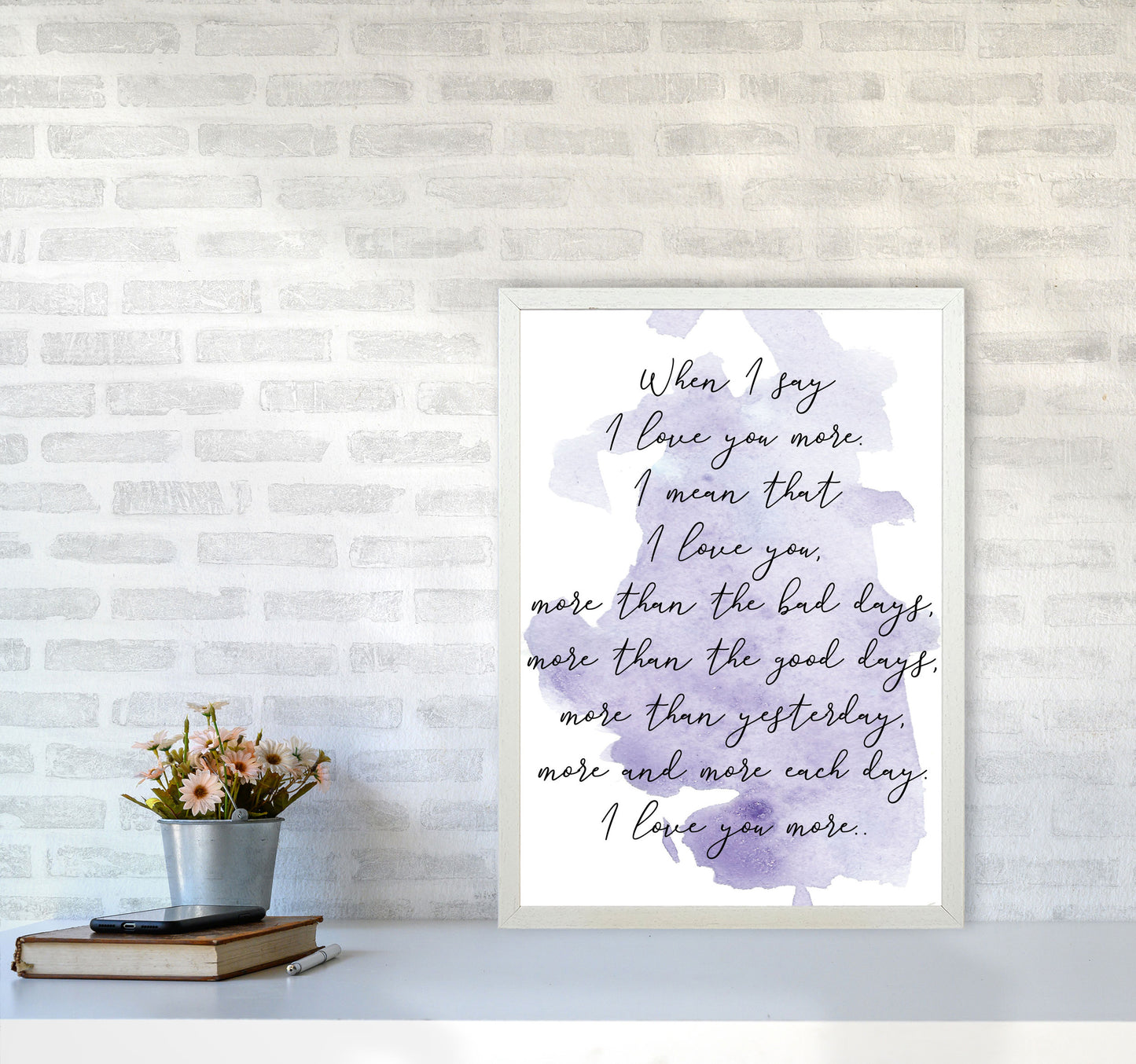 Love You More Purple Watercolour Modern Print A2 Oak Frame