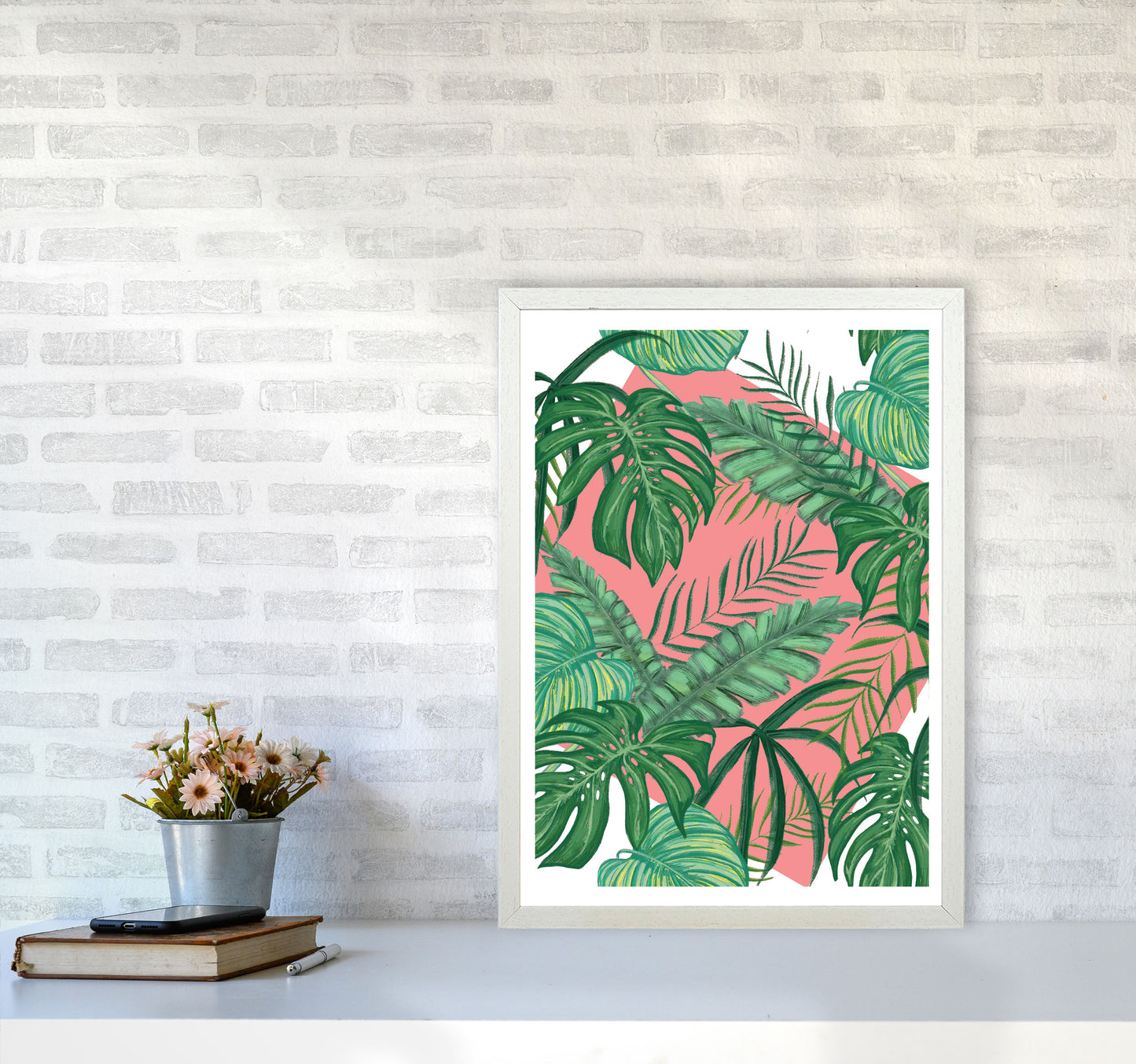 Abstract Leaves With Pink Background Modern Print, Framed Botanical Nature Art A2 Oak Frame