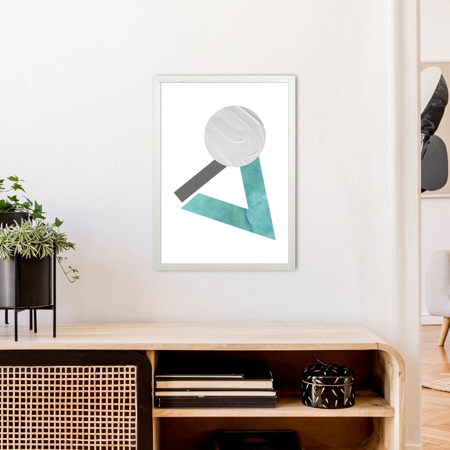 Marble Teal And Silver 3 Art Print by Pixy Paper A2 Oak Frame