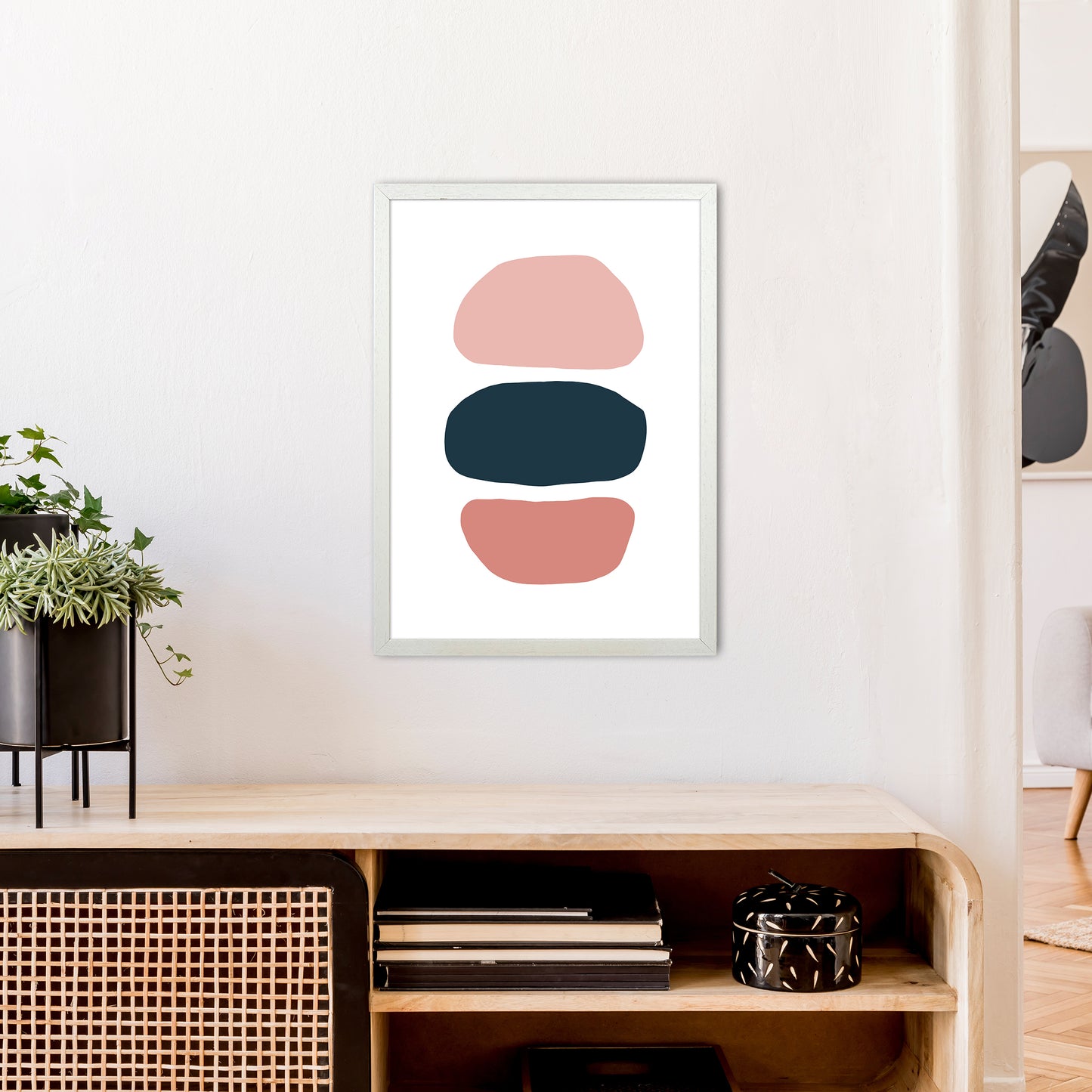 Pink And Navy Abstract Stones 1 Art Print by Pixy Paper A2 Oak Frame
