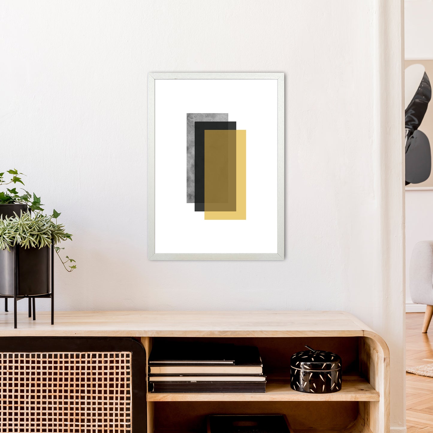 Geometric Mustard And Black Rectangles Art Print by Pixy Paper A2 Oak Frame