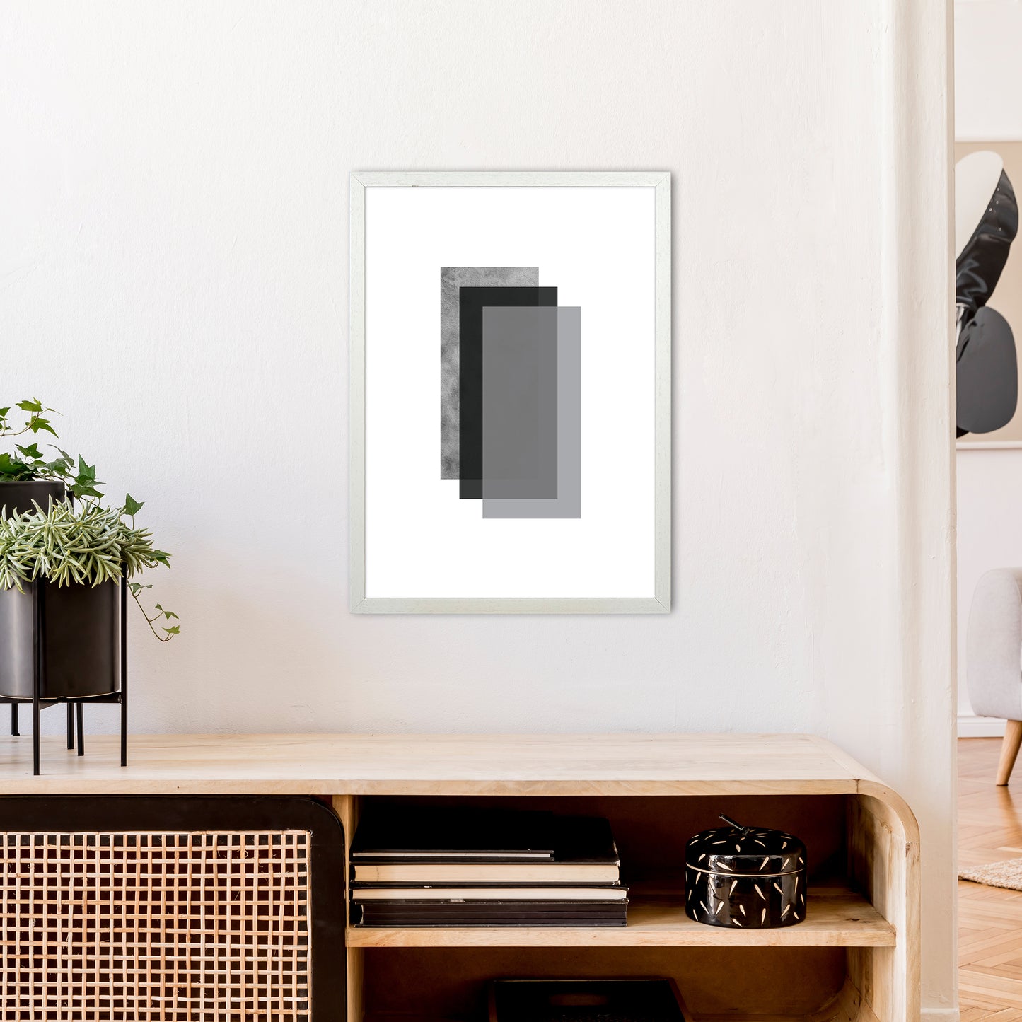 Geometric Grey And Black Rectangles Art Print by Pixy Paper A2 Oak Frame