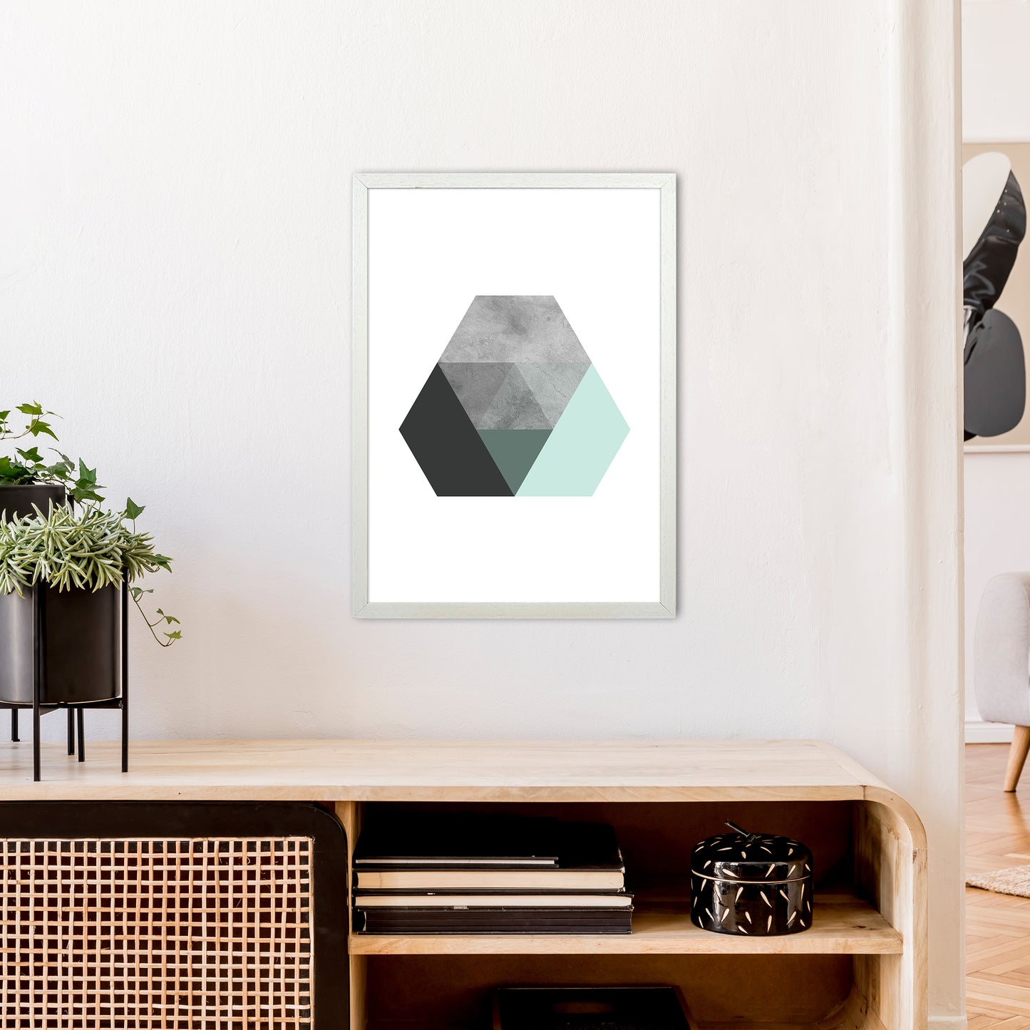 Geometric Mint And Black Hexagon Art Print by Pixy Paper A2 Oak Frame