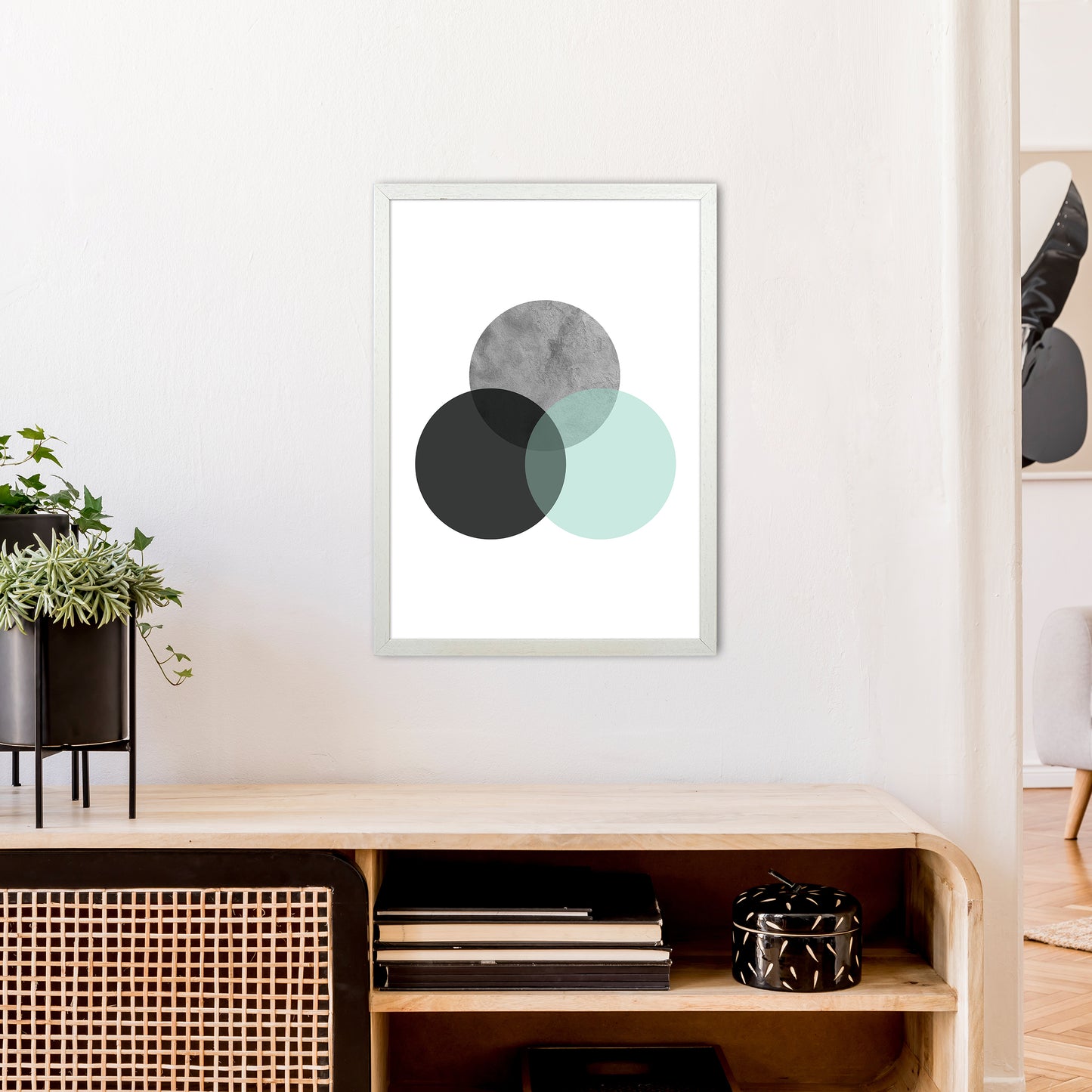 Geometric Mint And Black Circles Art Print by Pixy Paper A2 Oak Frame