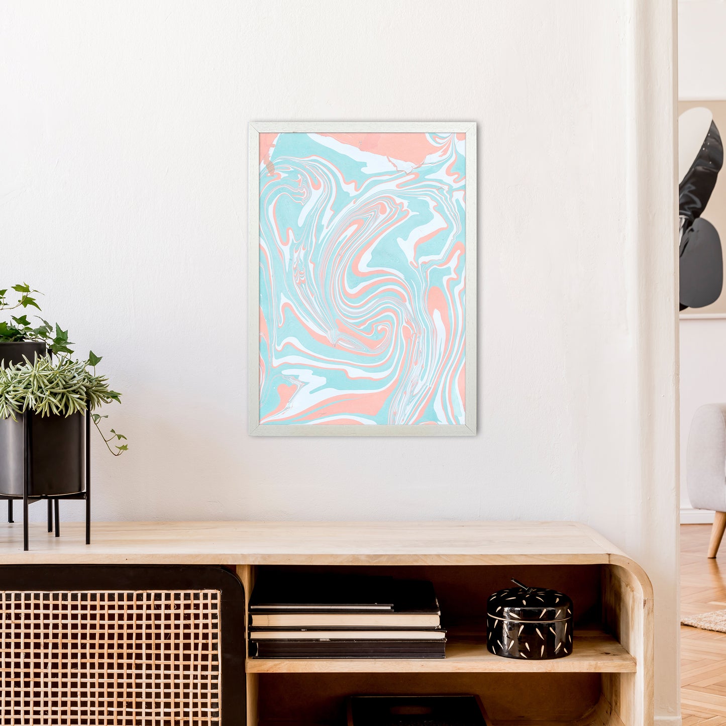 Liquid Mix Turquoise And Salmon Art Print by Pixy Paper A2 Oak Frame
