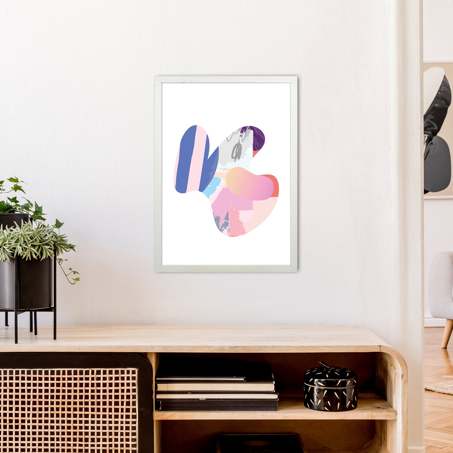 Pink Butterfly Abstract Shape Art Print by Pixy Paper A2 Oak Frame