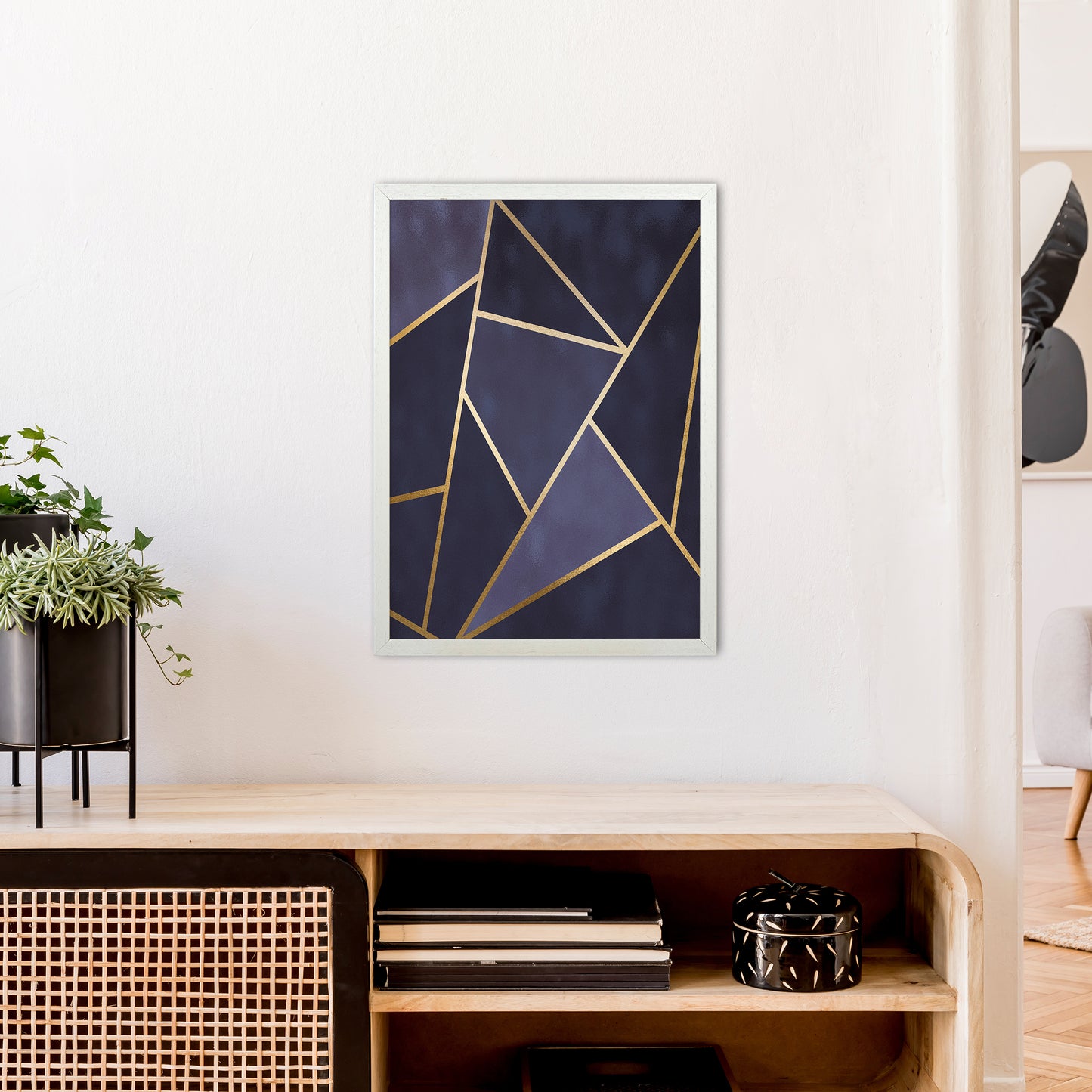 Lux Navy And Gold Geo Print Art Print by Pixy Paper A2 Oak Frame
