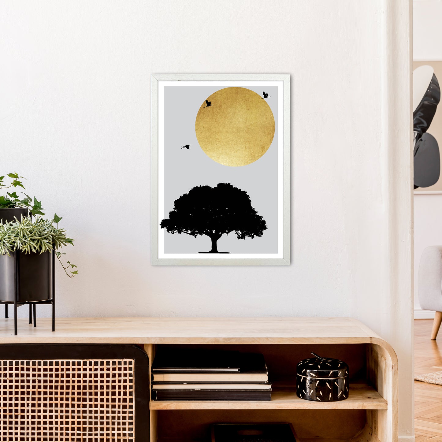 Gold Sun And Tree Abstract Art Print by Pixy Paper A2 Oak Frame