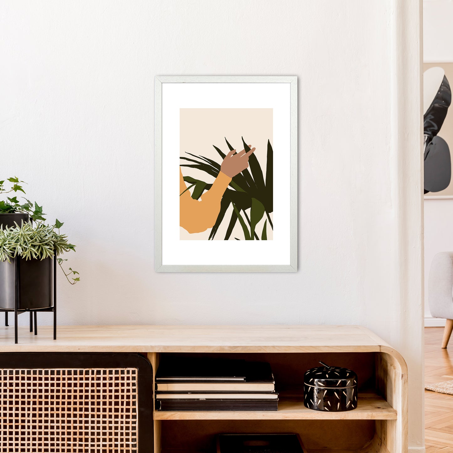 Mica Hand On Plant - N5 Art Print by Pixy Paper A2 Oak Frame
