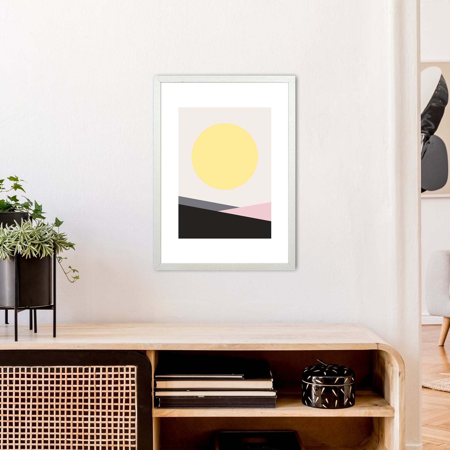 Mila Pink Big Sun N7 Art Print by Pixy Paper A2 Oak Frame