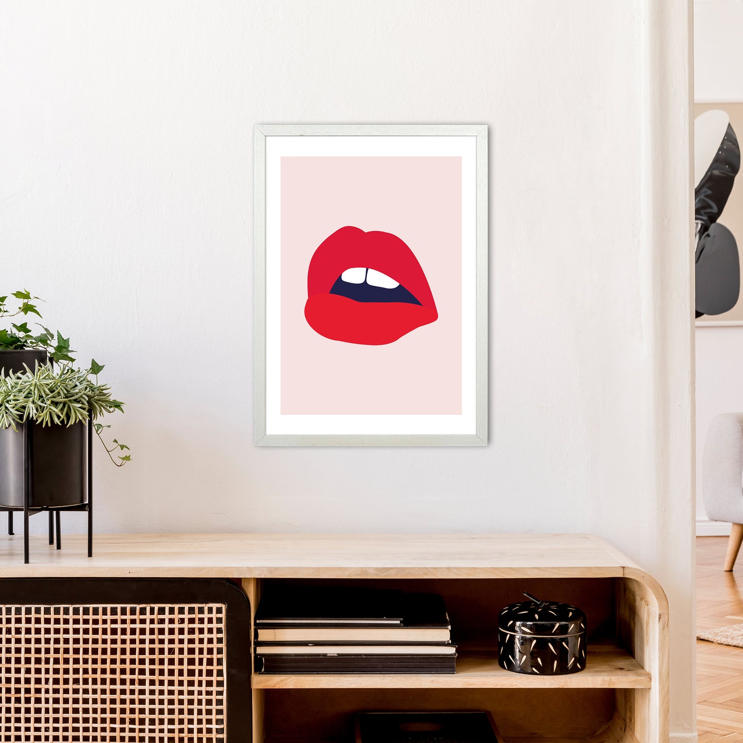 Red Lips Salmon Back Art Print by Pixy Paper A2 Oak Frame