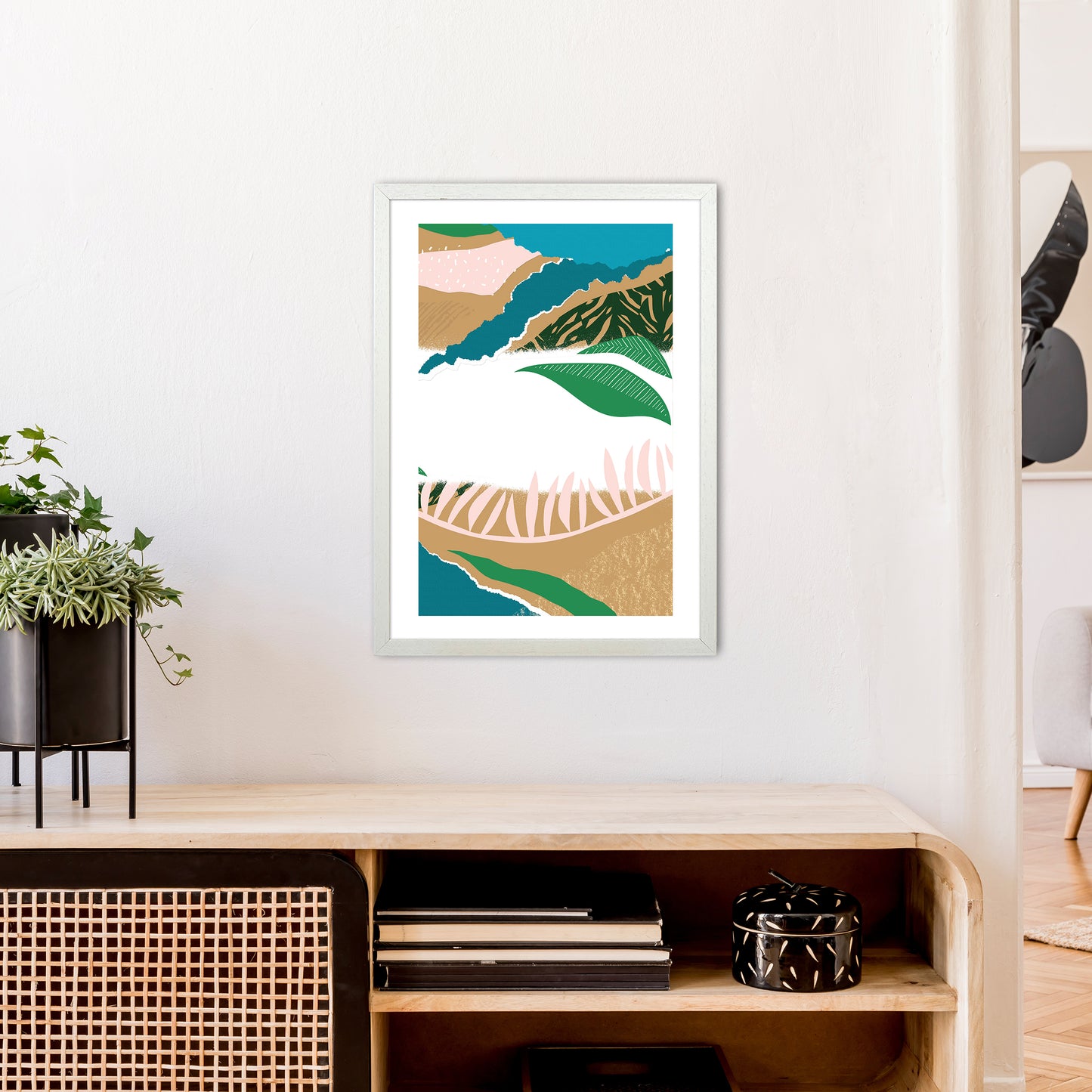 White Mixed Jungle Abstract Art Print by Pixy Paper A2 Oak Frame