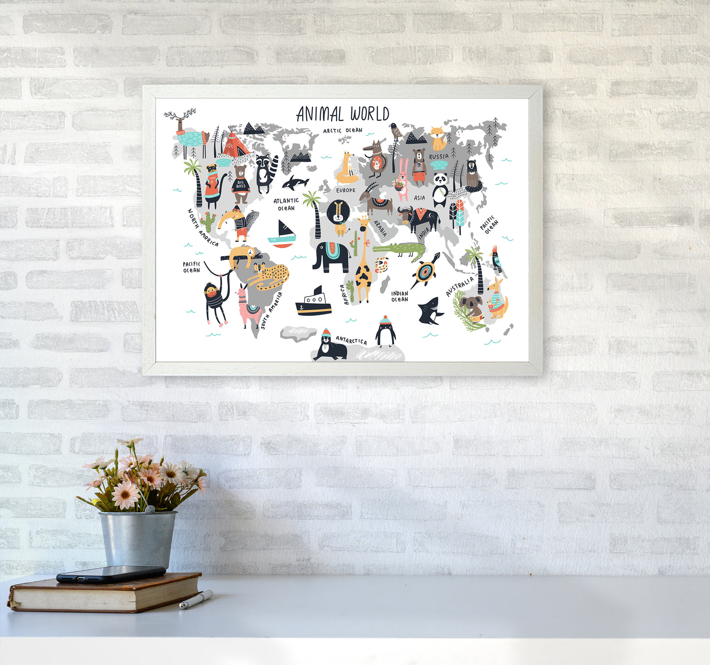 Animal World Map Art Print by Pixy Paper A2 Oak Frame
