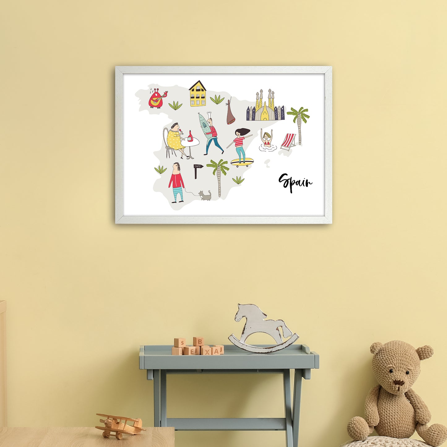 Spain Map Art Print by Pixy Paper A2 Oak Frame