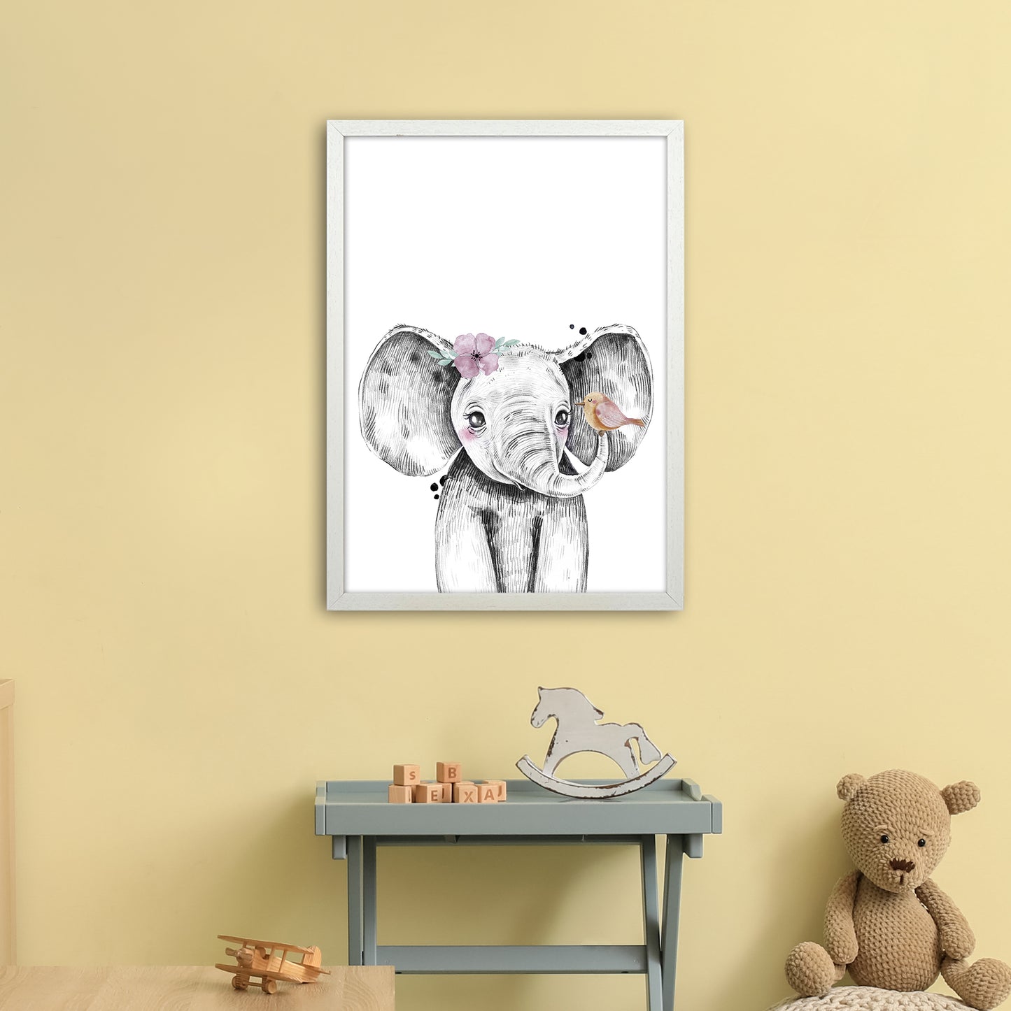 Safari Babies Elephant With Flower Art Print by Pixy Paper A2 Oak Frame
