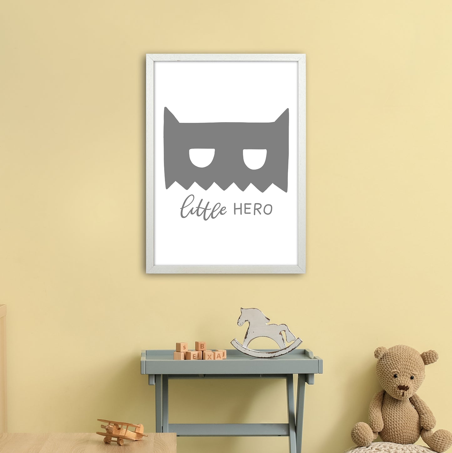 Little Hero Mask Super Scandi Grey Art Print by Pixy Paper A2 Oak Frame