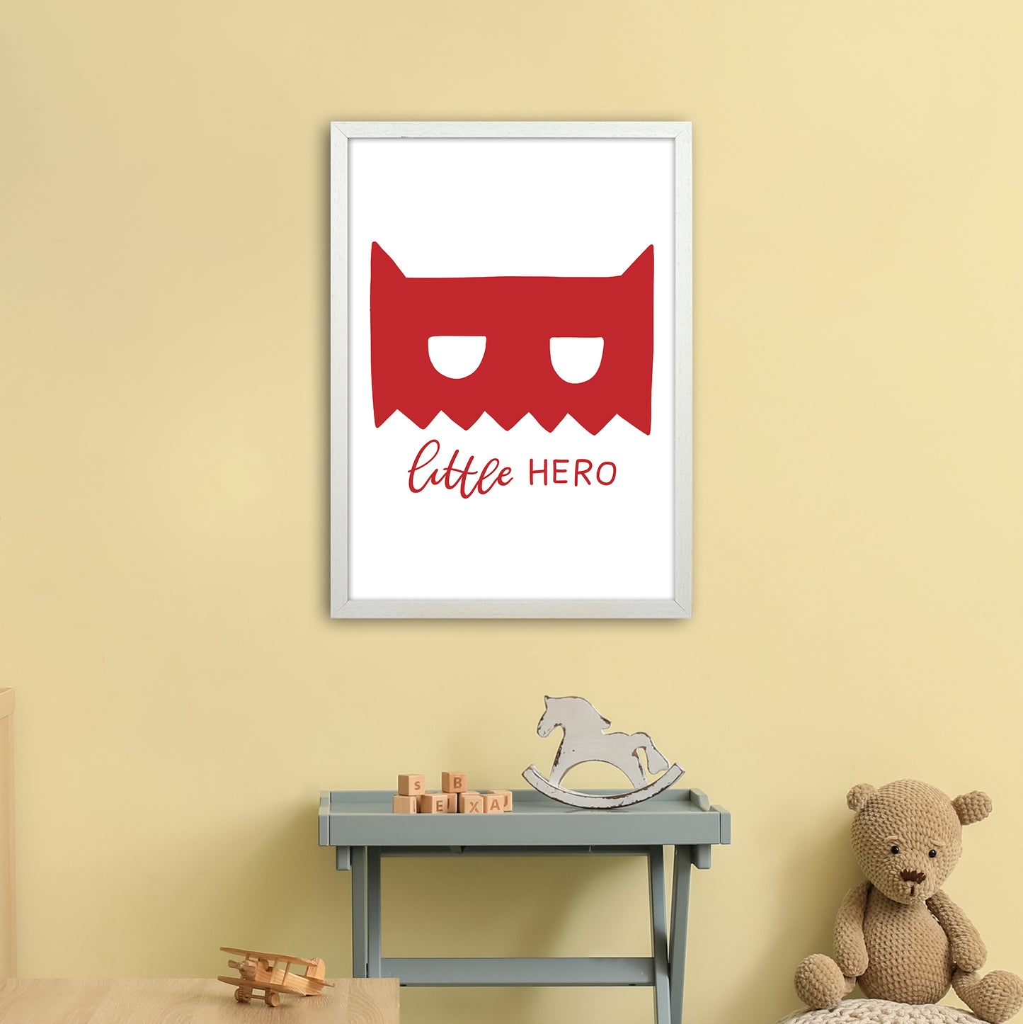 Little Hero Mask Red Super Scandi Art Print by Pixy Paper A2 Oak Frame