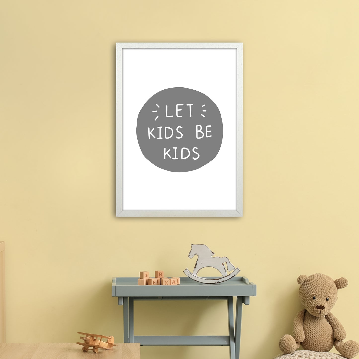 Let Kids Be Kids Super Scandi Grey Art Print by Pixy Paper A2 Oak Frame