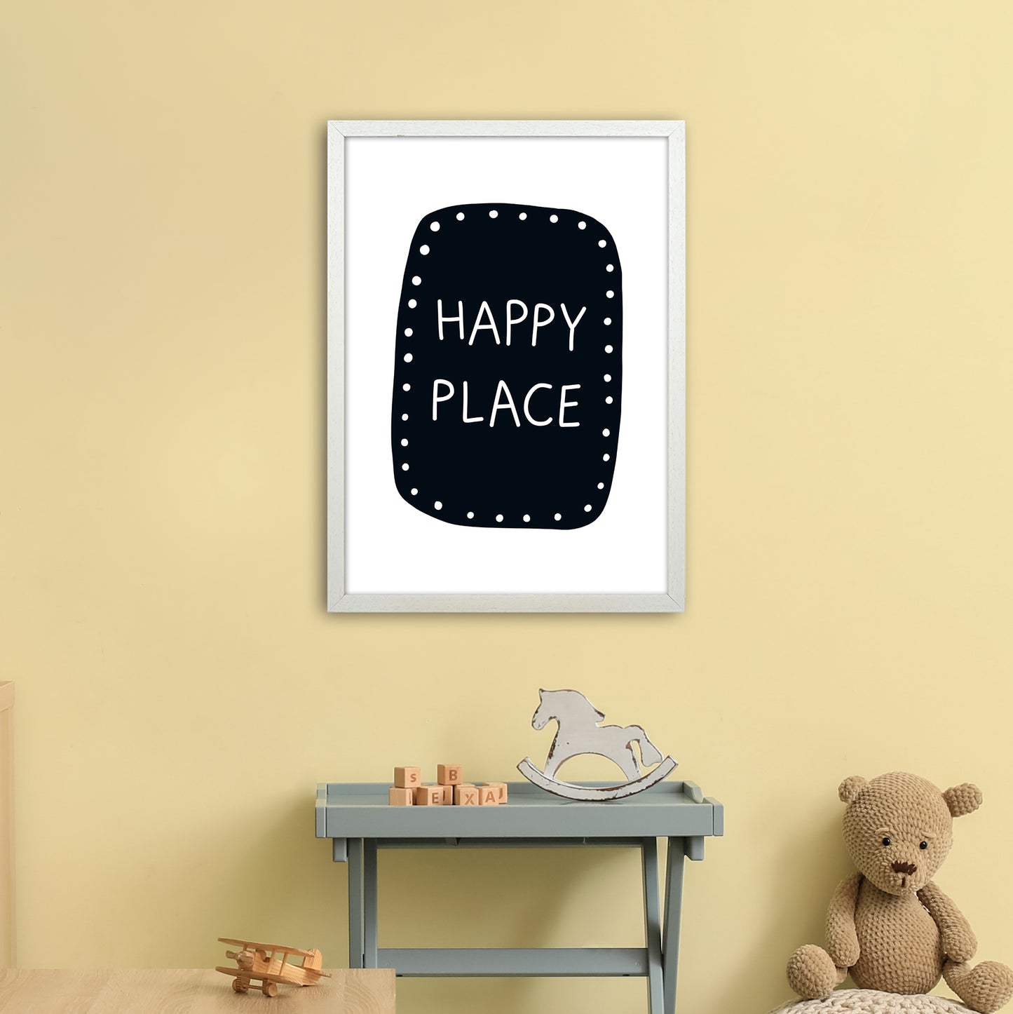 Happy Place Super Scandi Black Art Print by Pixy Paper A2 Oak Frame
