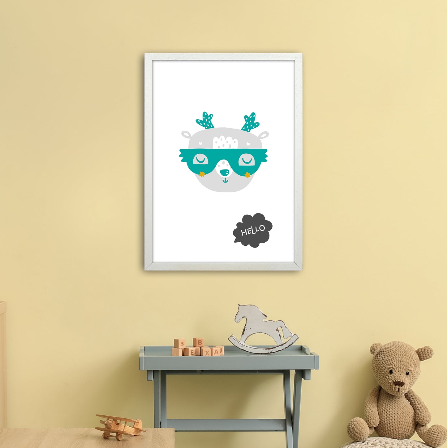 Hello Animal Teal Super Scandi Art Print by Pixy Paper A2 Oak Frame