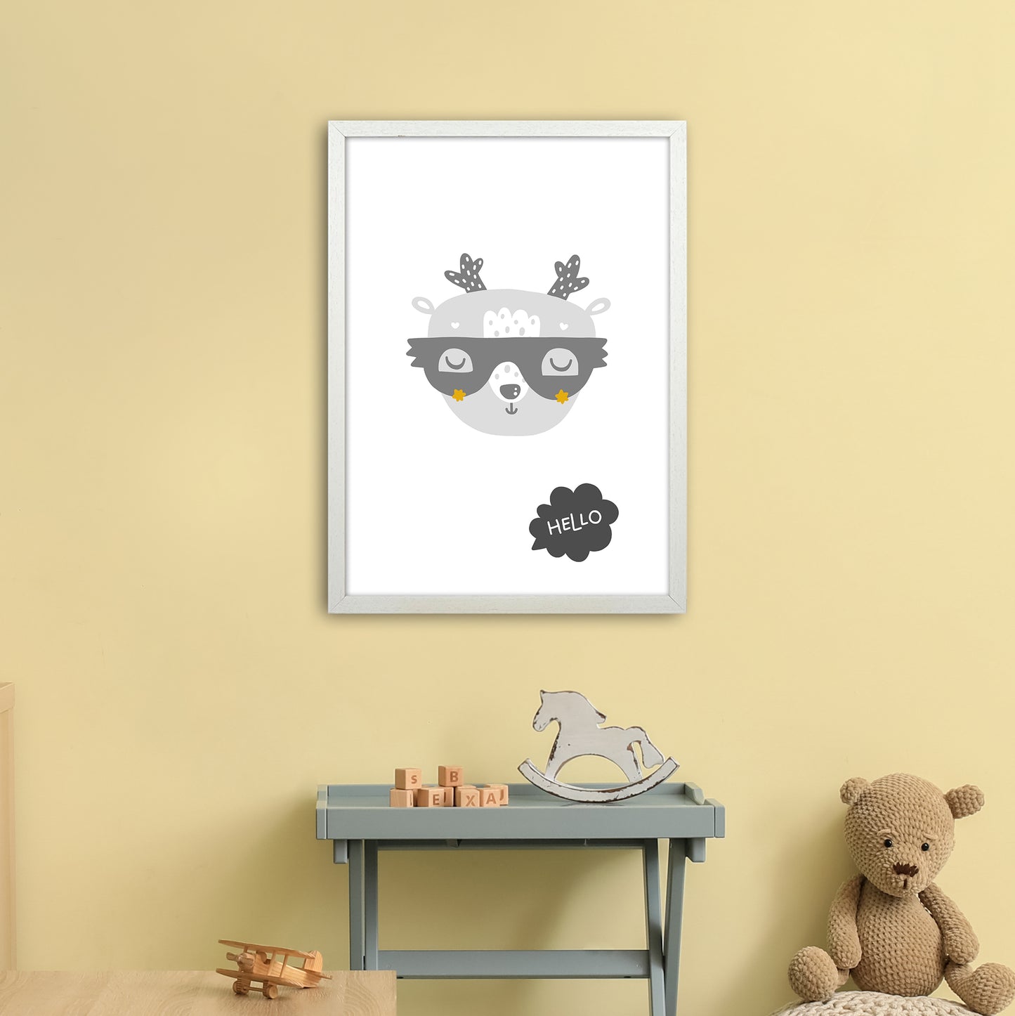 Hello Animal Super Scandi Grey Art Print by Pixy Paper A2 Oak Frame