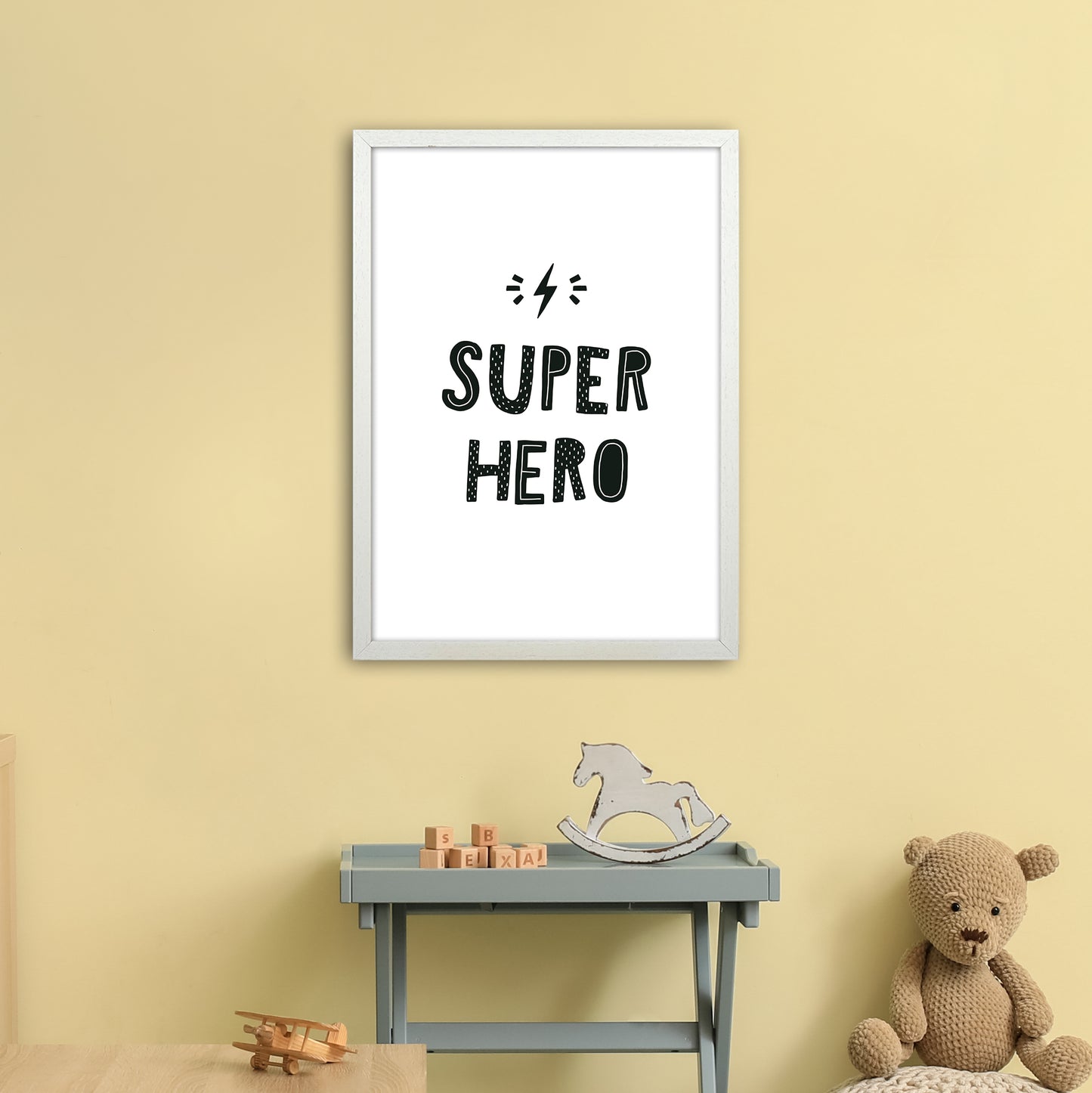 Super Hero Black Super Scandi Art Print by Pixy Paper A2 Oak Frame