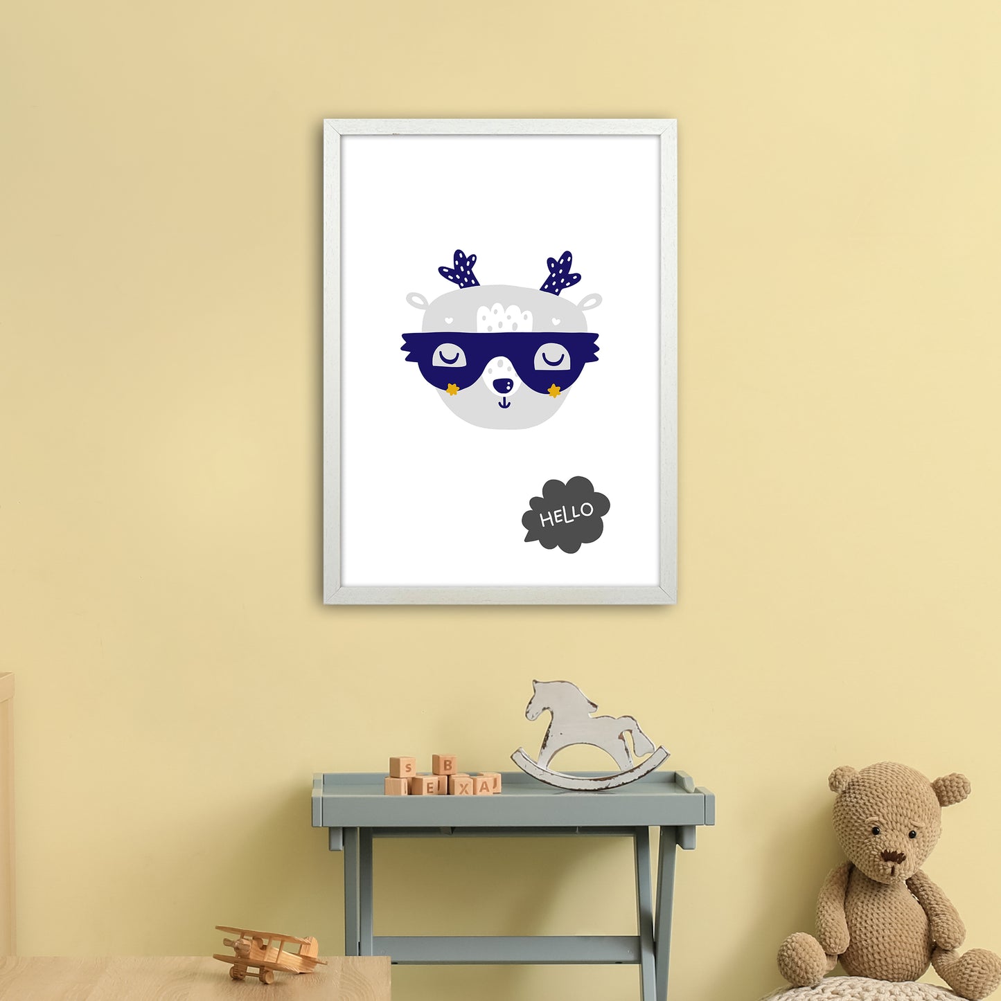 Hello Animal Navy Uper Scandi Art Print by Pixy Paper A2 Oak Frame