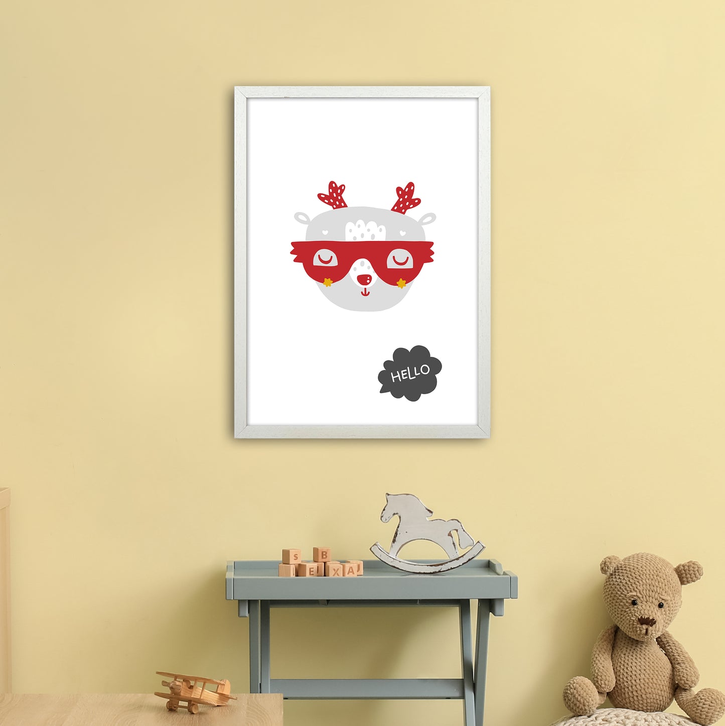 Hello Animal Red Super Scandi Art Print by Pixy Paper A2 Oak Frame