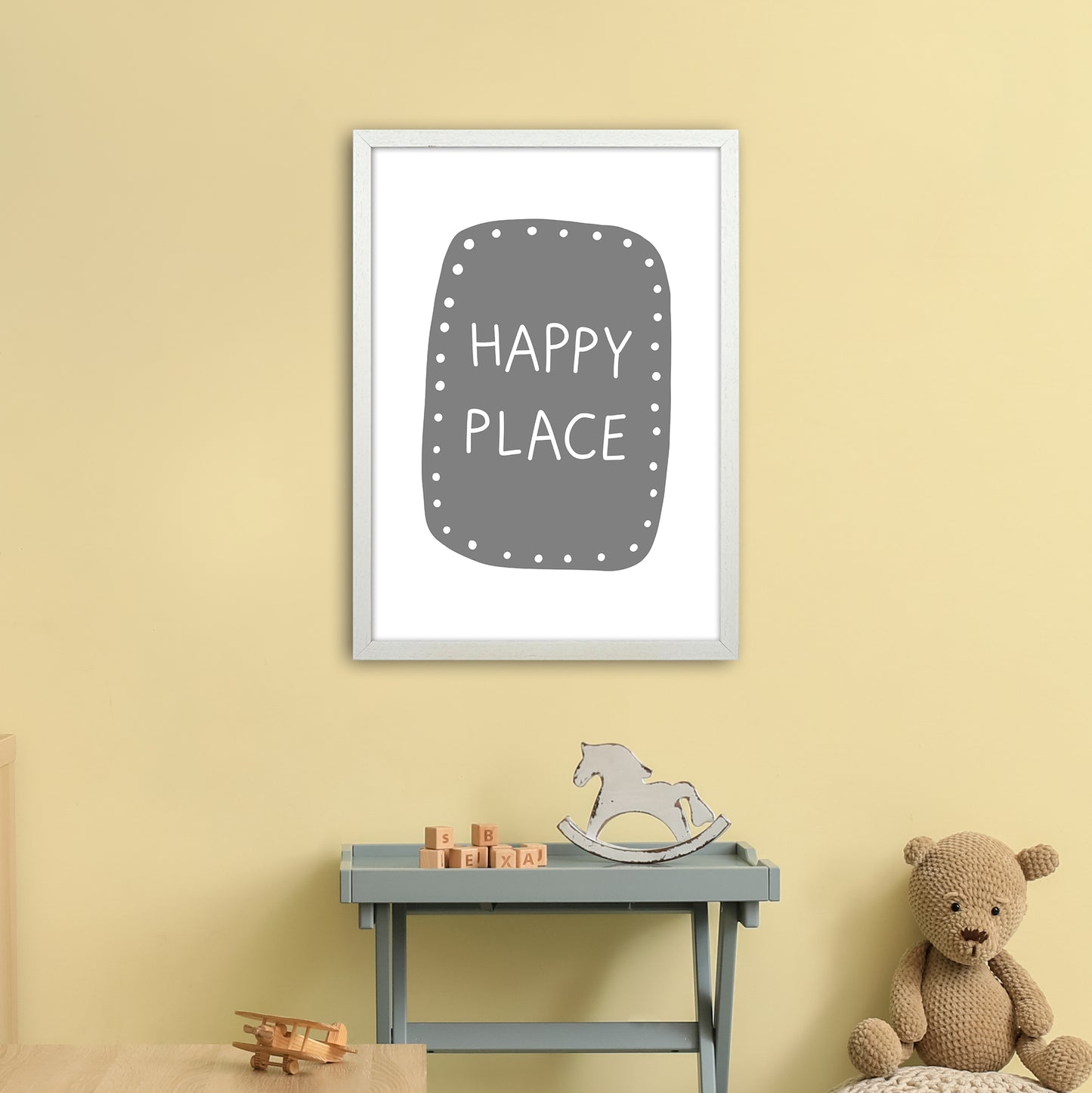 Happy Place Super Scandi Grey Art Print by Pixy Paper A2 Oak Frame