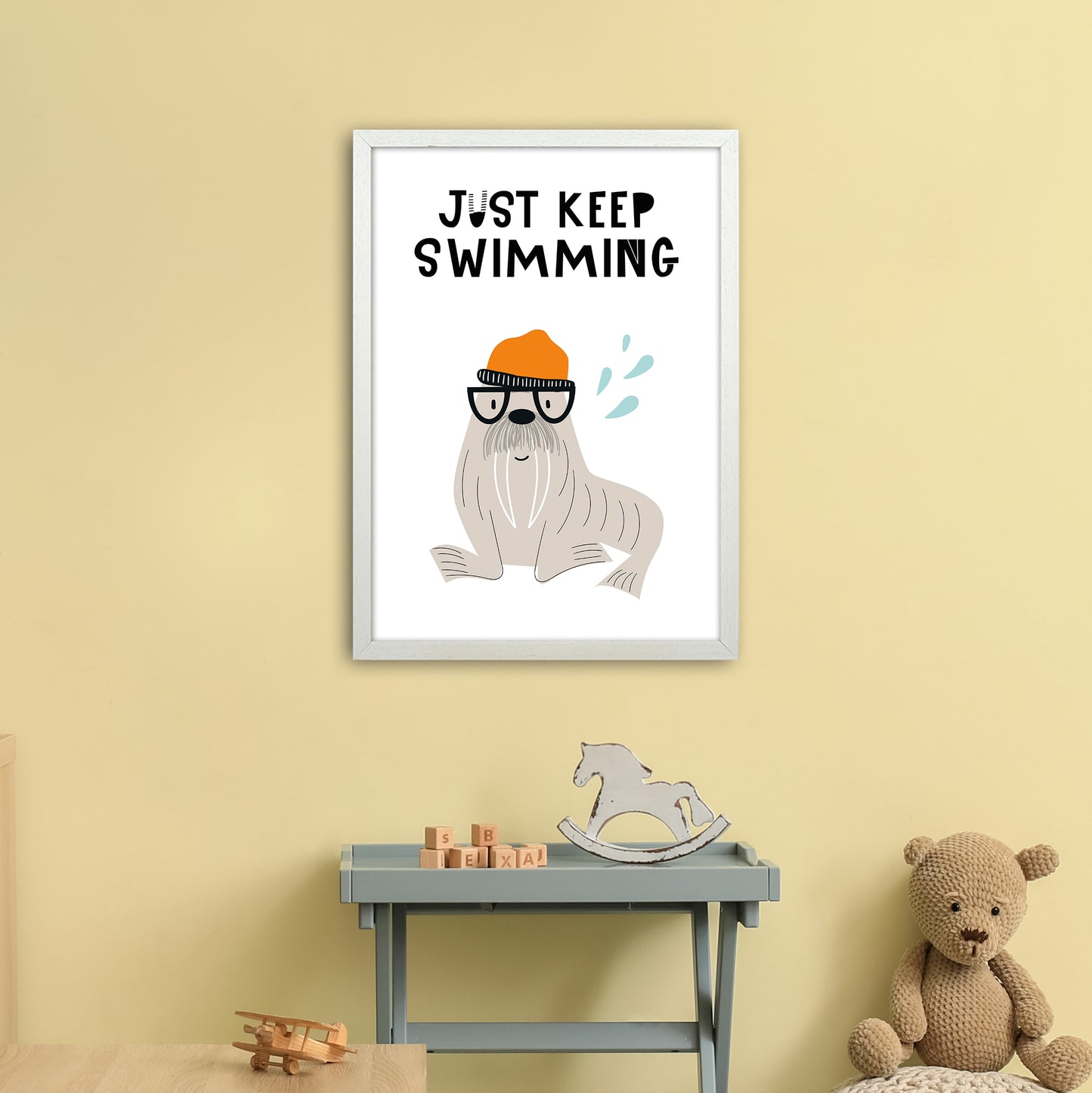 Just Keep Swimming Animal Pop Art Print by Pixy Paper A2 Oak Frame