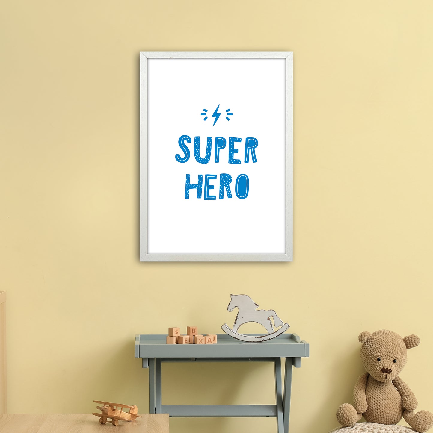 Super Hero Blue Super Scandi Art Print by Pixy Paper A2 Oak Frame