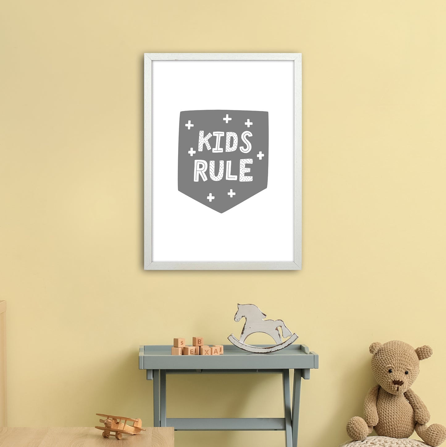 Kids Rule Super Scandi Grey Art Print by Pixy Paper A2 Oak Frame