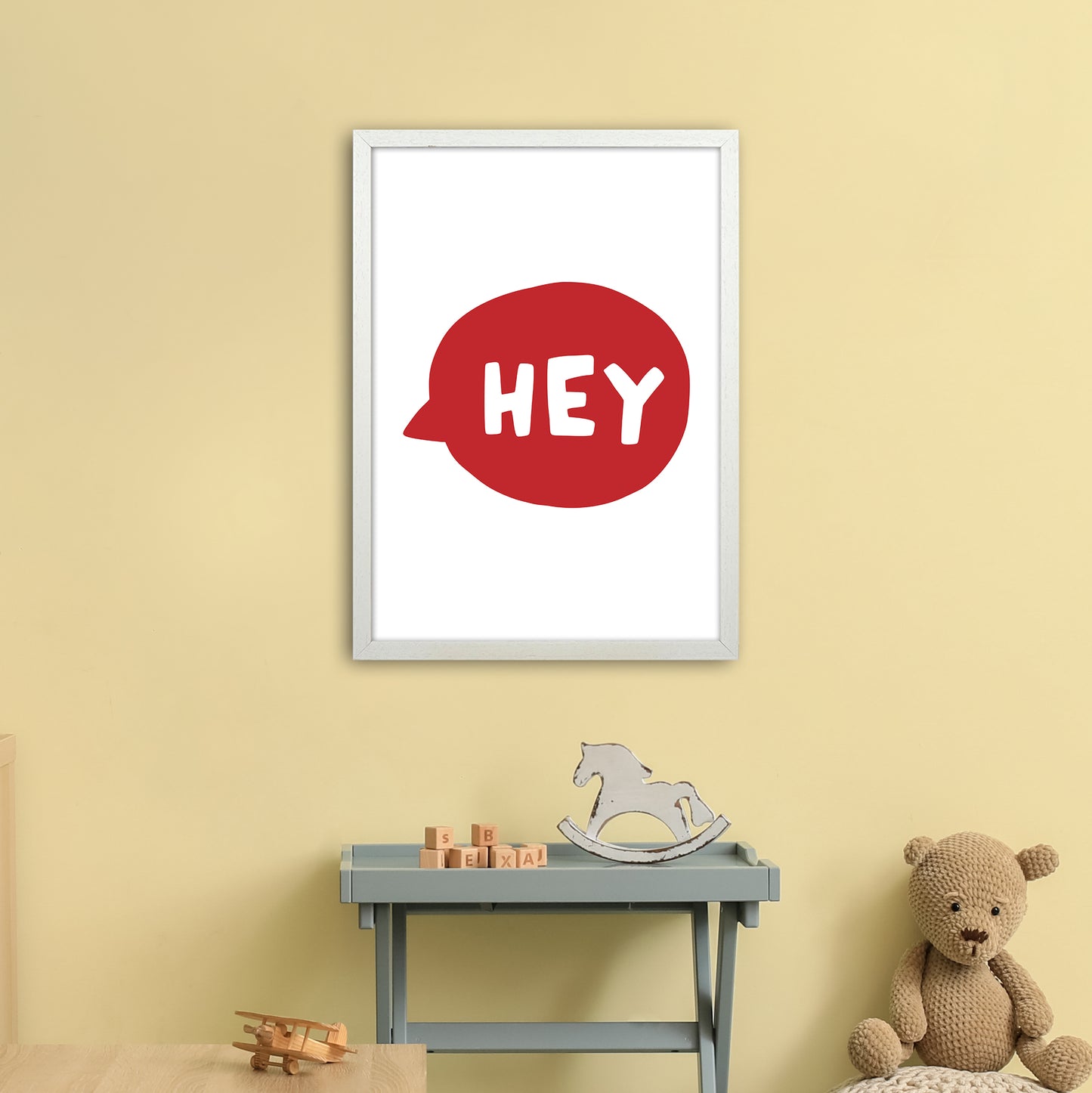 Hey Bubble Red Super Scandi Art Print by Pixy Paper A2 Oak Frame
