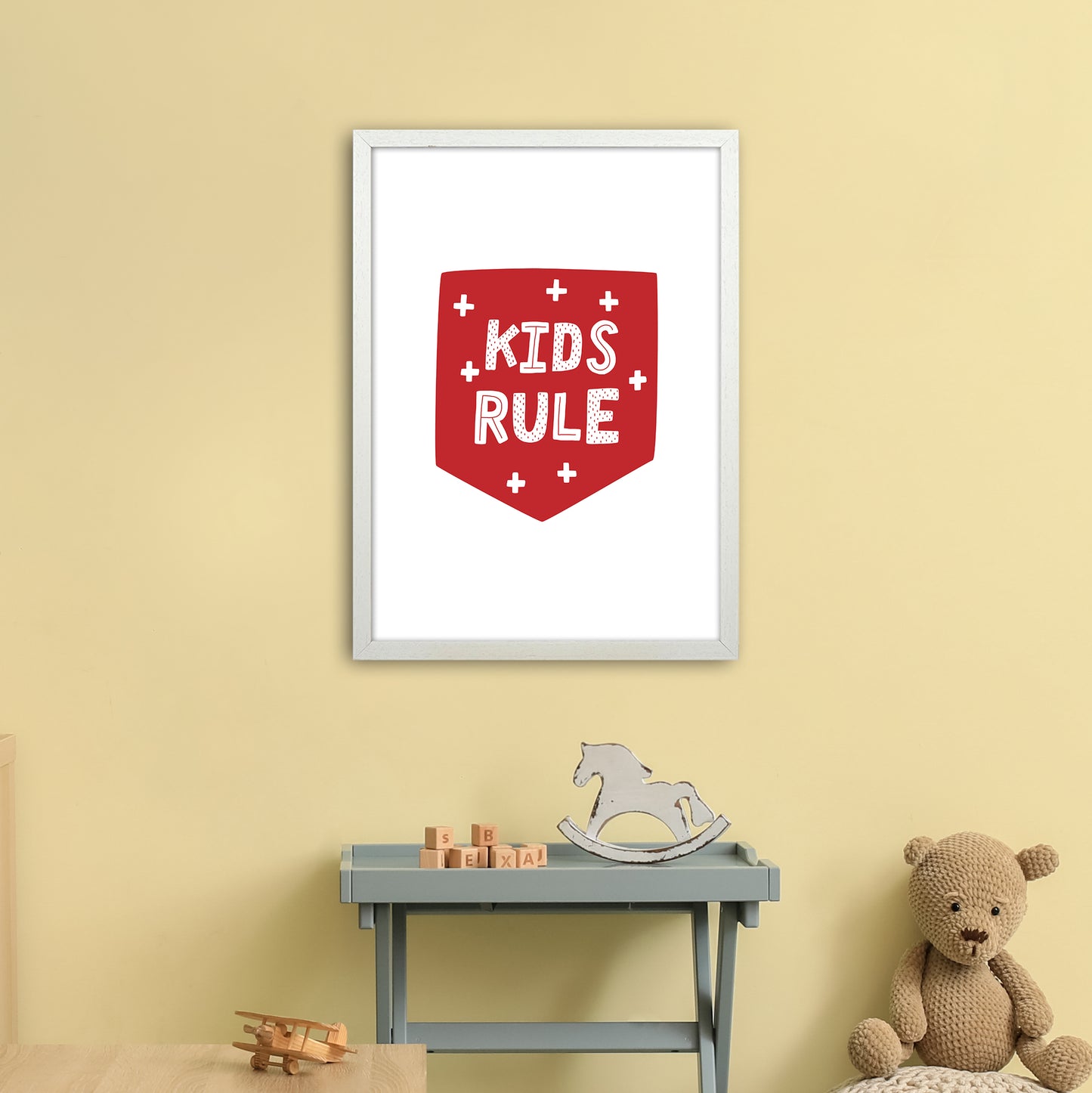 Kids Rule Red Super Scandi Art Print by Pixy Paper A2 Oak Frame