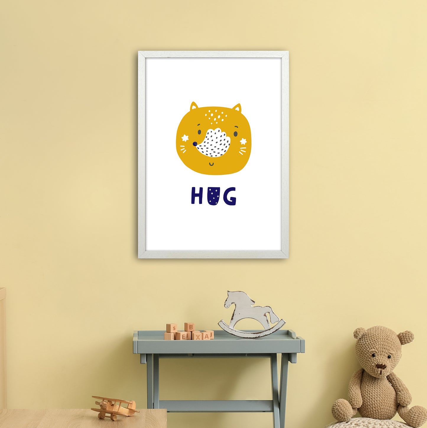 Fox Hug Navy Super Scandi Art Print by Pixy Paper A2 Oak Frame