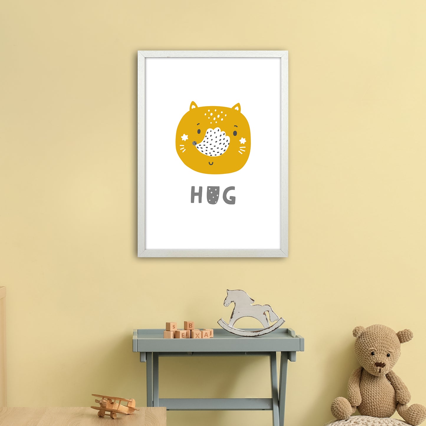 Fox Hug Super Scandi Grey Art Print by Pixy Paper A2 Oak Frame