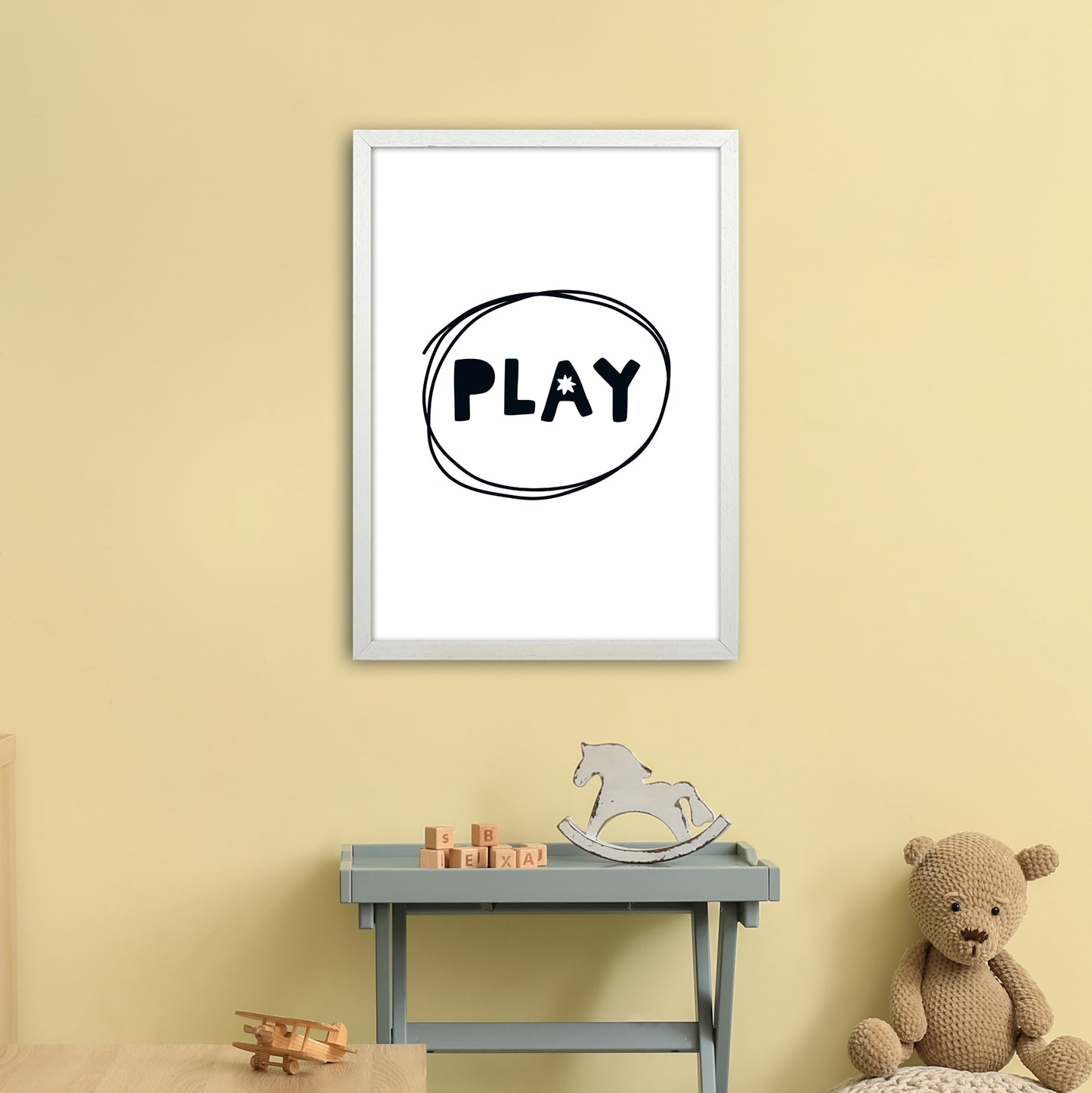Play Super Scandi Black Art Print by Pixy Paper A2 Oak Frame