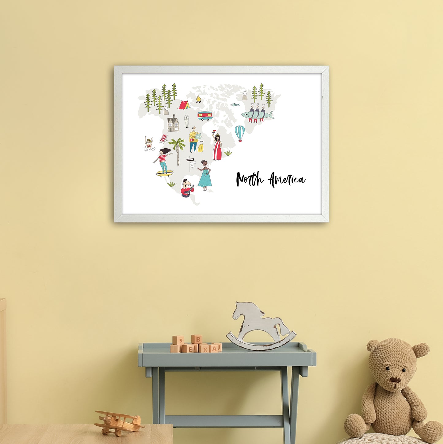 North America Map Art Print by Pixy Paper A2 Oak Frame