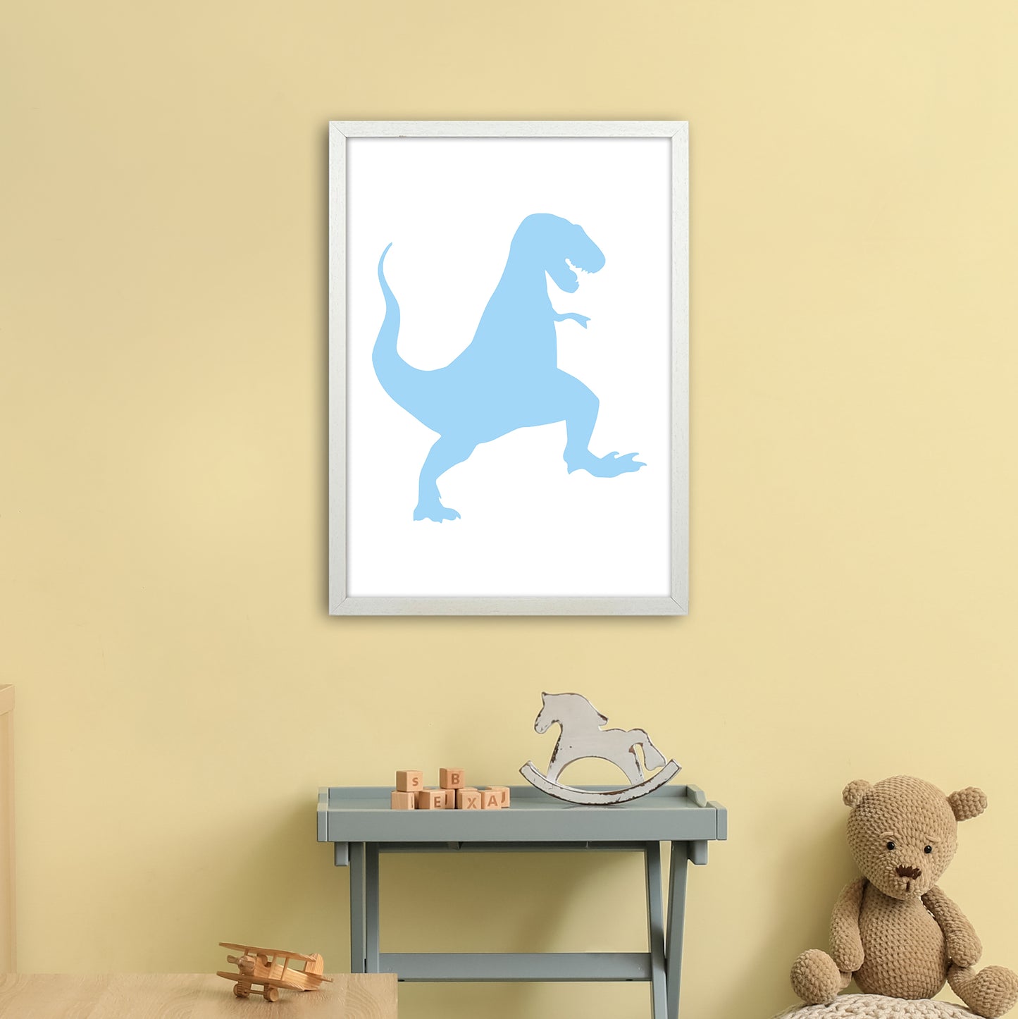 T-Rex Light Blue Art Print by Pixy Paper A2 Oak Frame