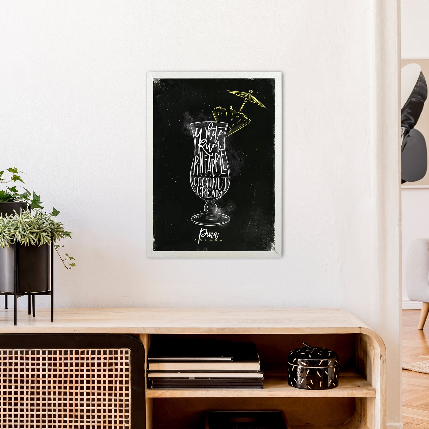 Pina Colada Cocktail Black Art Print by Pixy Paper A2 Oak Frame